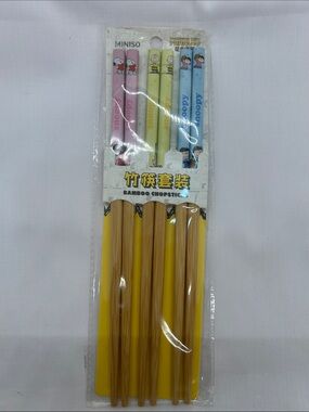 MINISO Peanuts Bamboo Chopsticks Set - Pink, Yellow, Blue